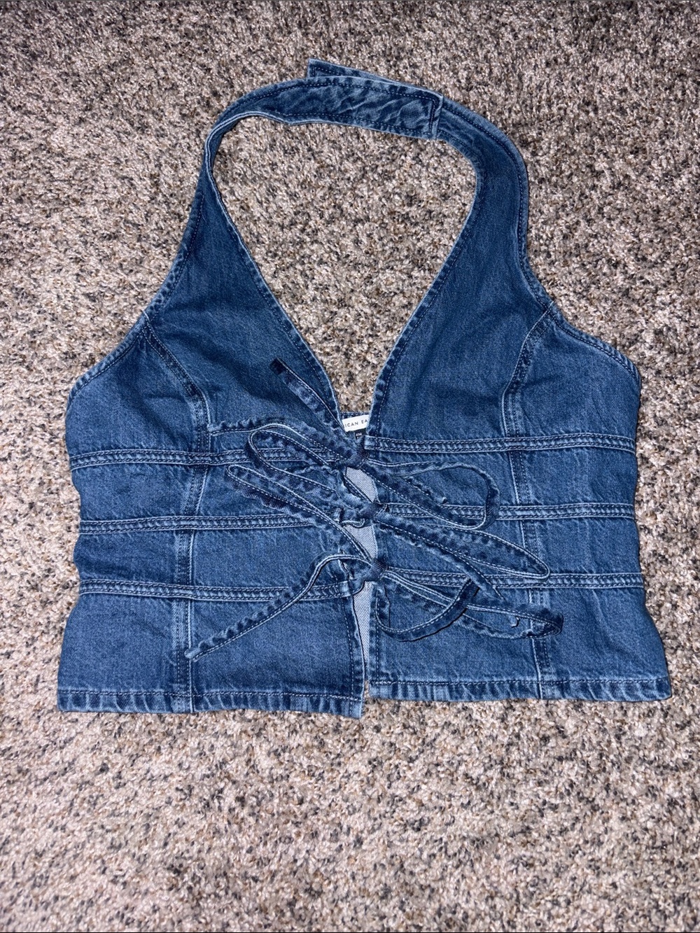 American Eagle Outfitters Denim Halter Lace-Up Crop Top - Blue